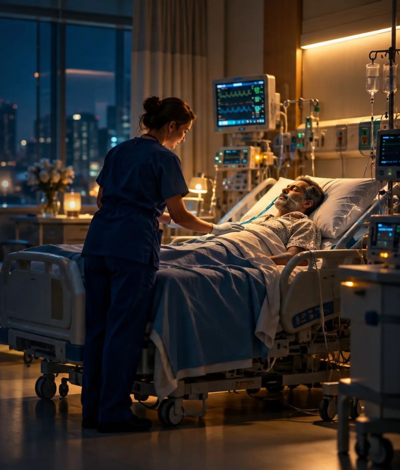 Nurse at a hospital bed in an intensive care unit at night.