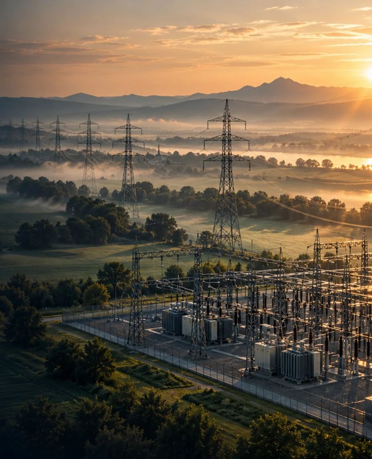 Substation and power lines in morning mist at sunrise.